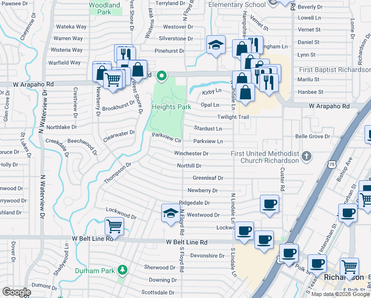 map of restaurants, bars, coffee shops, grocery stores, and more near 701 Parkview Circle in Richardson