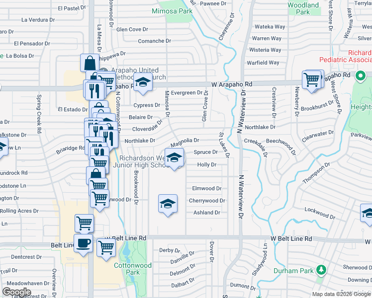 map of restaurants, bars, coffee shops, grocery stores, and more near 1225 Magnolia Drive in Richardson