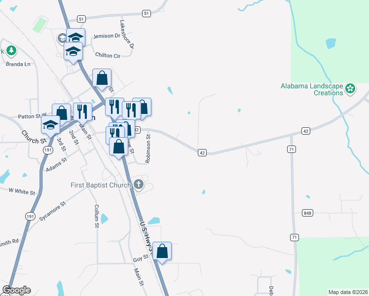 map of restaurants, bars, coffee shops, grocery stores, and more near 9210 County Road 42 in Jemison