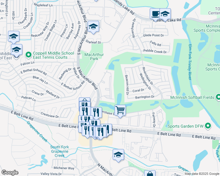 map of restaurants, bars, coffee shops, grocery stores, and more near 600 South MacArthur Boulevard in Coppell