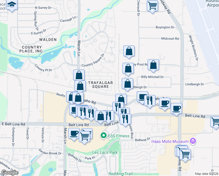 map of restaurants, bars, coffee shops, grocery stores, and more near 3222 Squireswood Drive in Carrollton