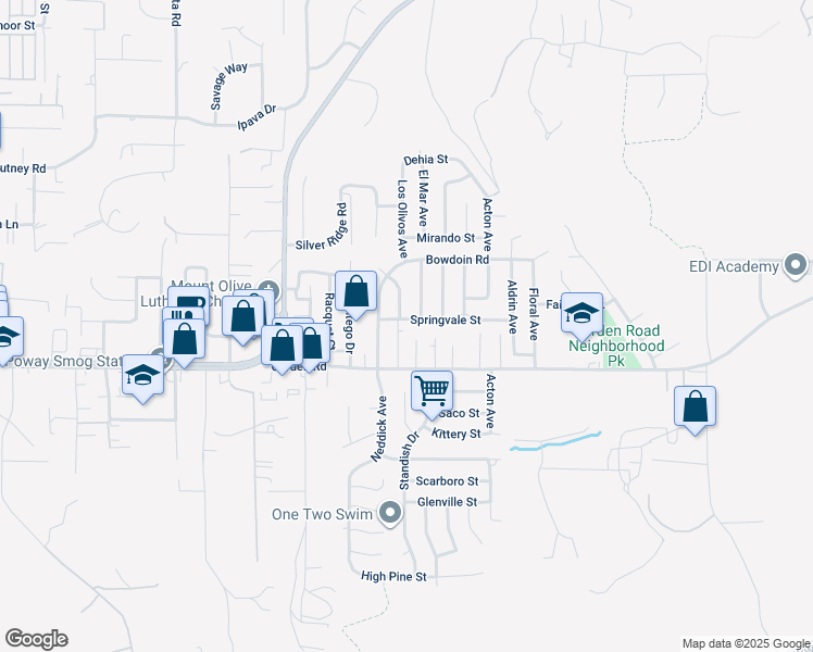 map of restaurants, bars, coffee shops, grocery stores, and more near 14429 Springvale Street in Poway
