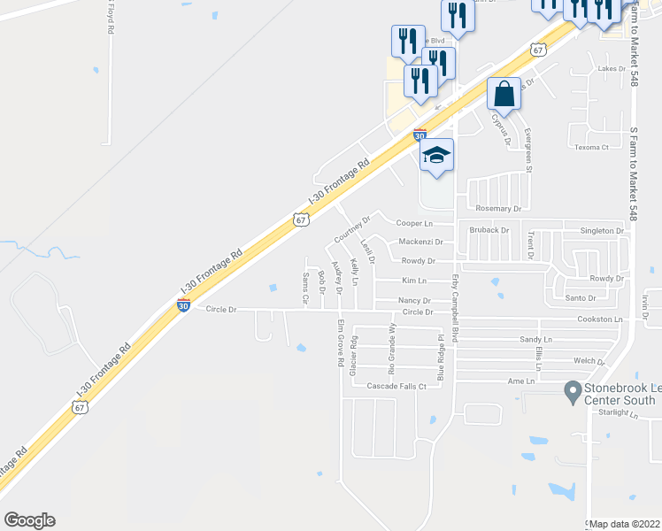 map of restaurants, bars, coffee shops, grocery stores, and more near 1517 Audrey Drive in Royse City