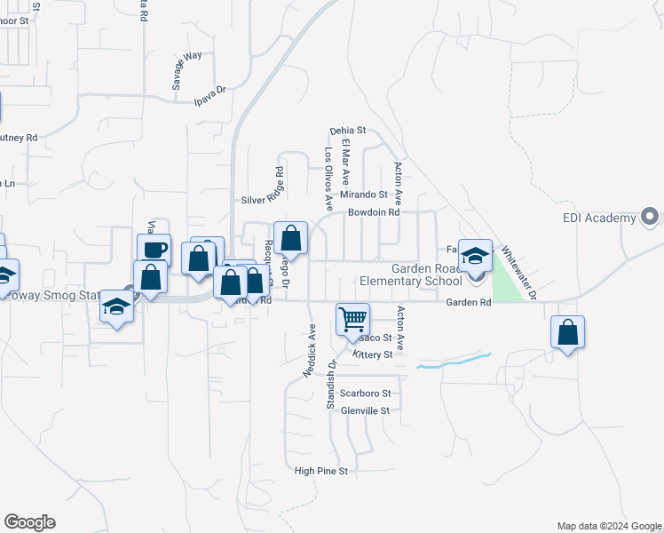 map of restaurants, bars, coffee shops, grocery stores, and more near 14429 Springvale Street in Poway