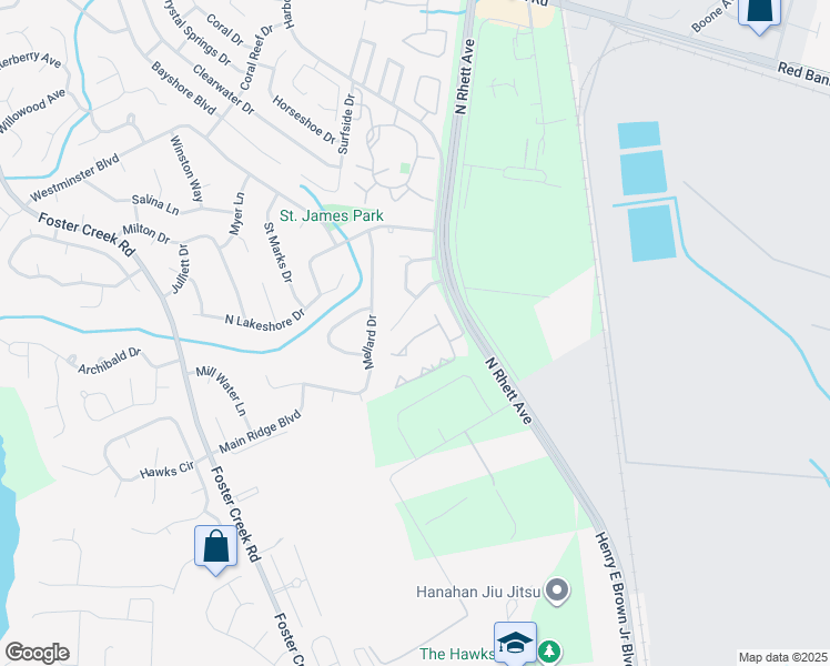 map of restaurants, bars, coffee shops, grocery stores, and more near 605 Greenmeadow Drive in Goose Creek