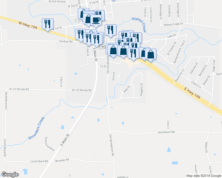 map of restaurants, bars, coffee shops, grocery stores, and more near 609 Old Springtown Road in Springtown
