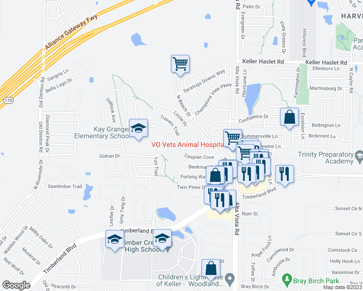 map of restaurants, bars, coffee shops, grocery stores, and more near 12708 Travers Trail in Fort Worth