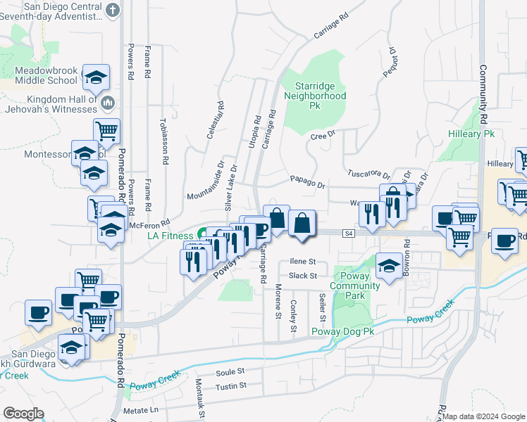 map of restaurants, bars, coffee shops, grocery stores, and more near 13315 Carriage Road in Poway