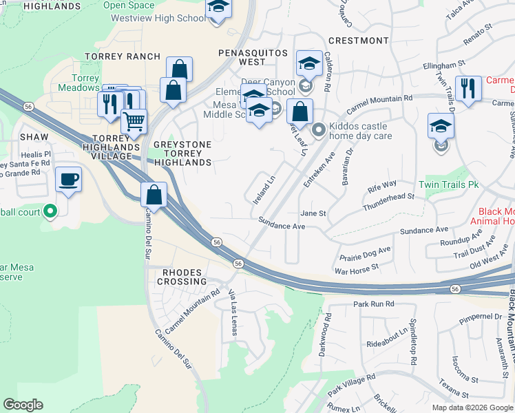 map of restaurants, bars, coffee shops, grocery stores, and more near 13121 Ireland Lane in San Diego