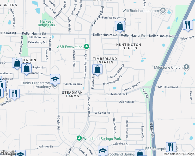 map of restaurants, bars, coffee shops, grocery stores, and more near 12640 Mourning Dove Lane in Fort Worth