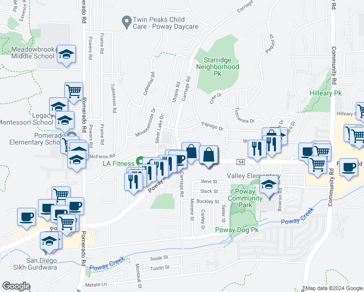 map of restaurants, bars, coffee shops, grocery stores, and more near 13315 Carriage Road in Poway