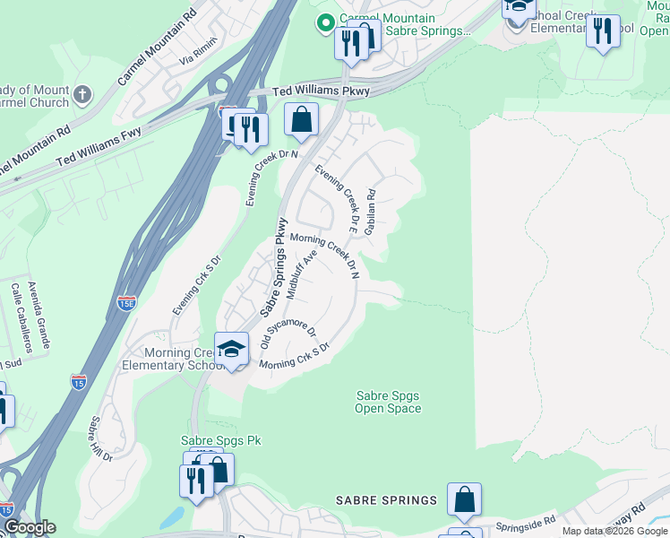map of restaurants, bars, coffee shops, grocery stores, and more near 11141 Morning Creek Drive North in San Diego