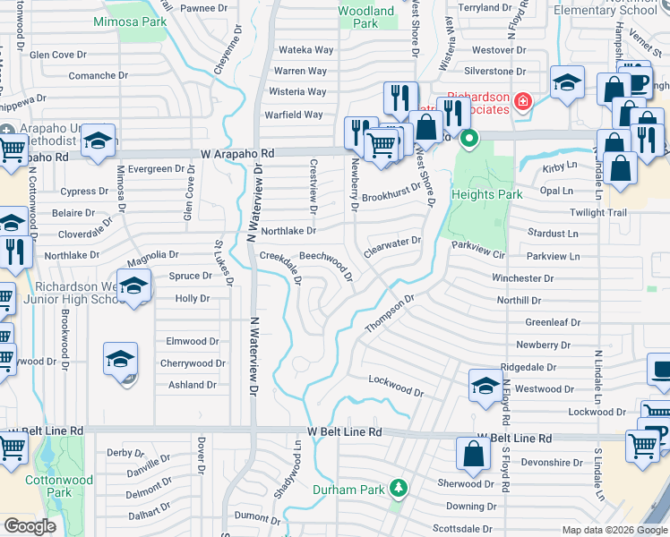 map of restaurants, bars, coffee shops, grocery stores, and more near 906 Beechwood Drive in Richardson