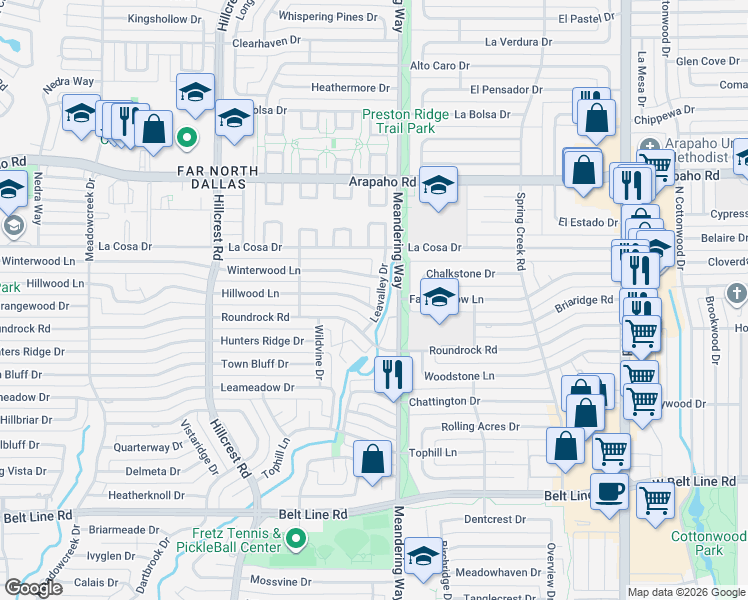 map of restaurants, bars, coffee shops, grocery stores, and more near 7421 Hillwood Lane in Dallas