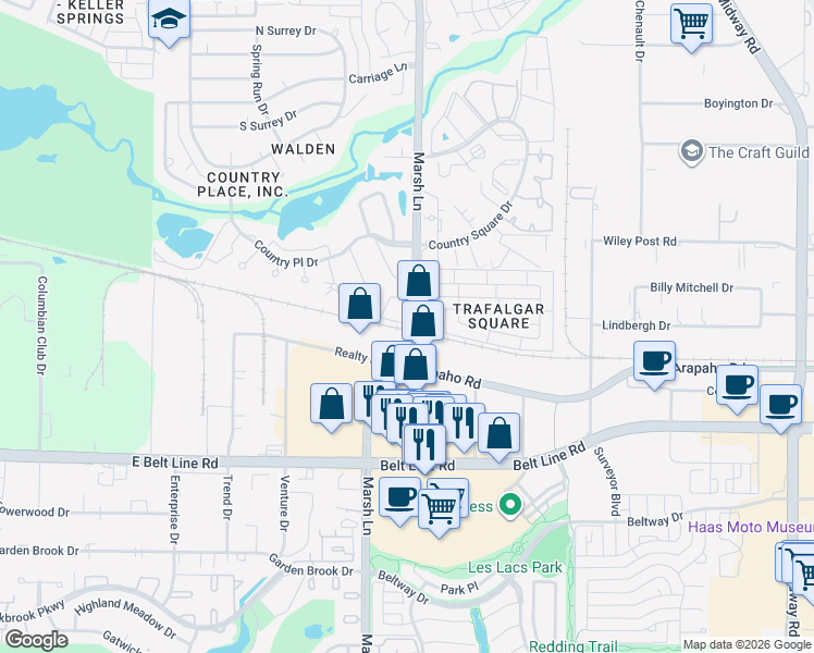 map of restaurants, bars, coffee shops, grocery stores, and more near 1610 Marsh Lane in Carrollton