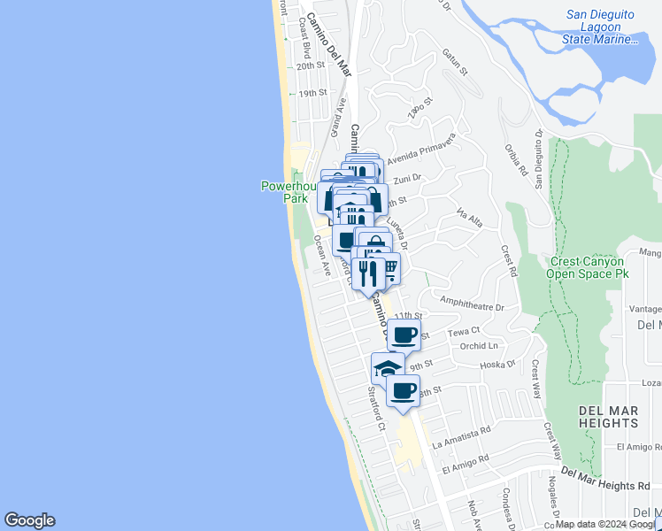 map of restaurants, bars, coffee shops, grocery stores, and more near 1335 Ocean Avenue in Del Mar