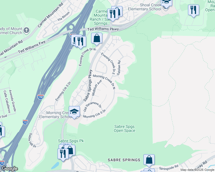 map of restaurants, bars, coffee shops, grocery stores, and more near 11141 Morning Creek Drive North in San Diego