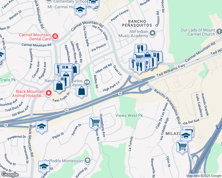 map of restaurants, bars, coffee shops, grocery stores, and more near 9525 High Park Lane in San Diego