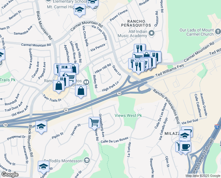 map of restaurants, bars, coffee shops, grocery stores, and more near 9525 High Park Lane in San Diego