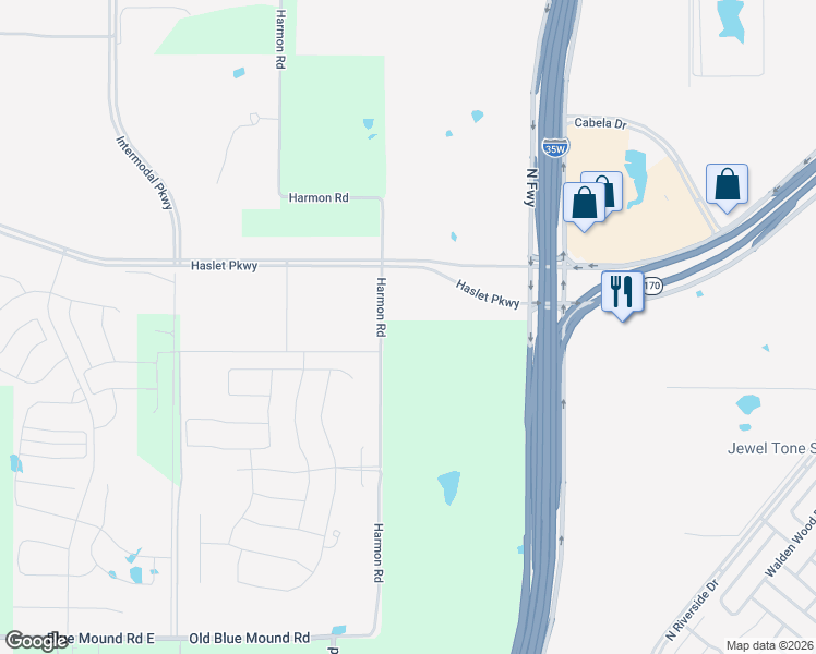 map of restaurants, bars, coffee shops, grocery stores, and more near 959 Harmon Road in Fort Worth