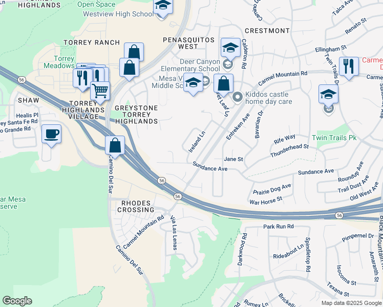 map of restaurants, bars, coffee shops, grocery stores, and more near 13121 Ireland Lane in San Diego