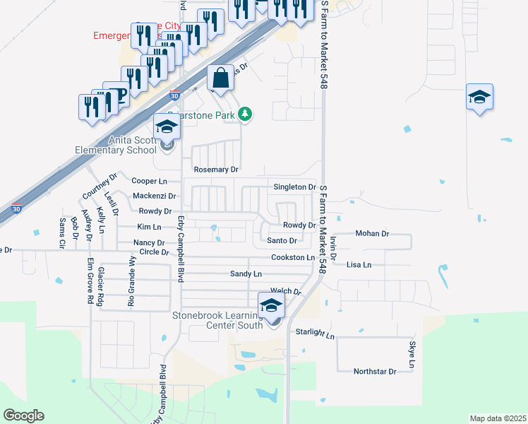 map of restaurants, bars, coffee shops, grocery stores, and more near 320 Rowdy Drive in Royse City