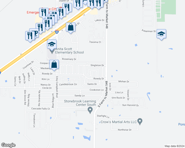 map of restaurants, bars, coffee shops, grocery stores, and more near 1616 Logan Drive in Royse City