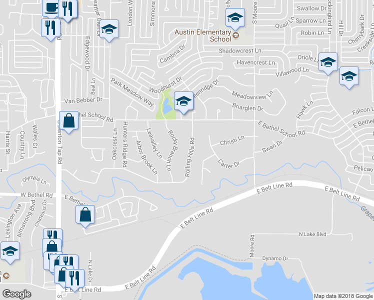 map of restaurants, bars, coffee shops, grocery stores, and more near 541 Rolling Hills Road in Coppell