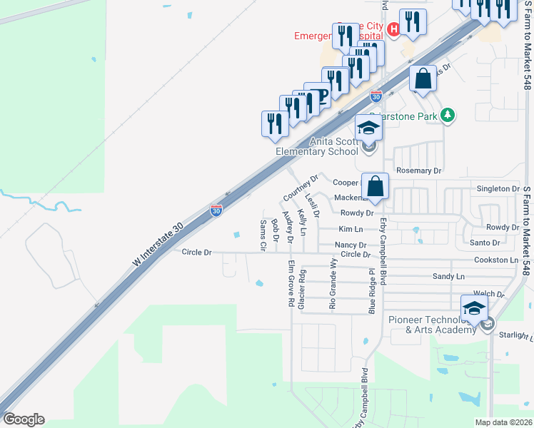 map of restaurants, bars, coffee shops, grocery stores, and more near 1505 Sams Circle in Royse City