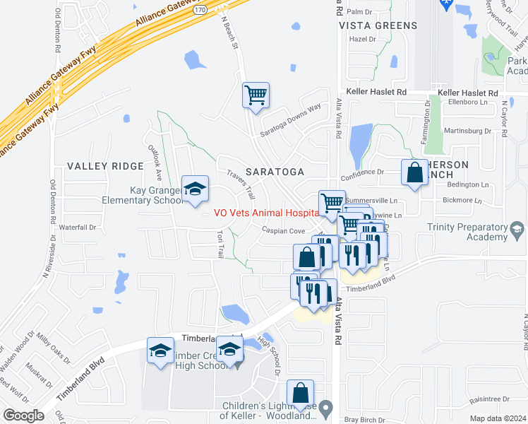 map of restaurants, bars, coffee shops, grocery stores, and more near 12717 Lizzie Place in Fort Worth