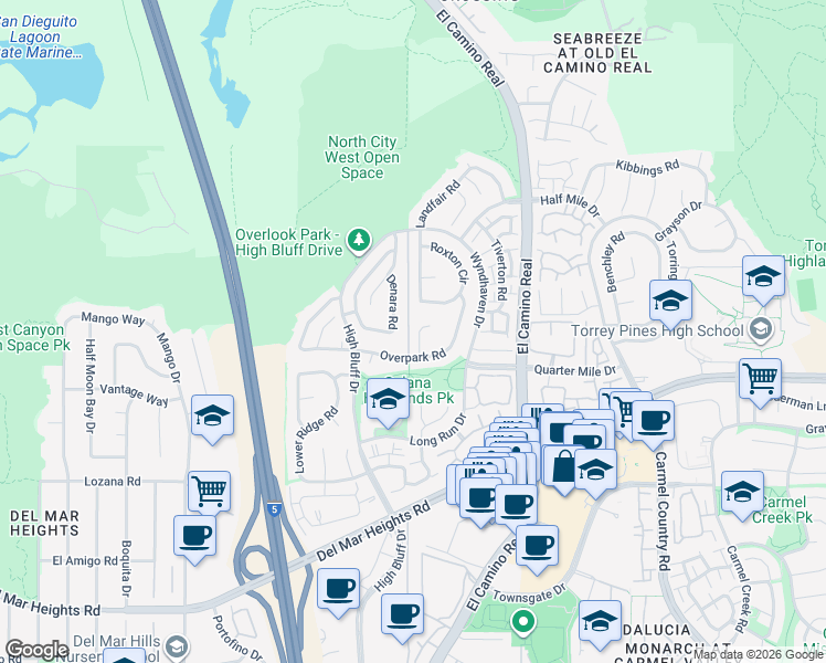 map of restaurants, bars, coffee shops, grocery stores, and more near 13252 Courtland Terrace in San Diego