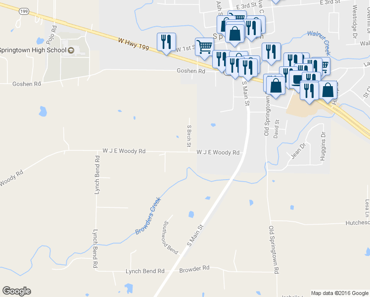 map of restaurants, bars, coffee shops, grocery stores, and more near 120 West J E Woody Road in Springtown