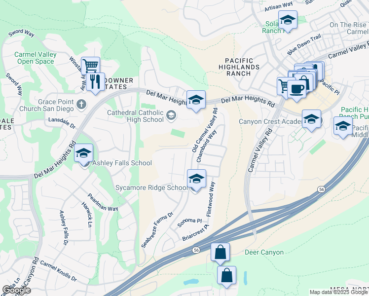 map of restaurants, bars, coffee shops, grocery stores, and more near 13141 Sandown Way in San Diego