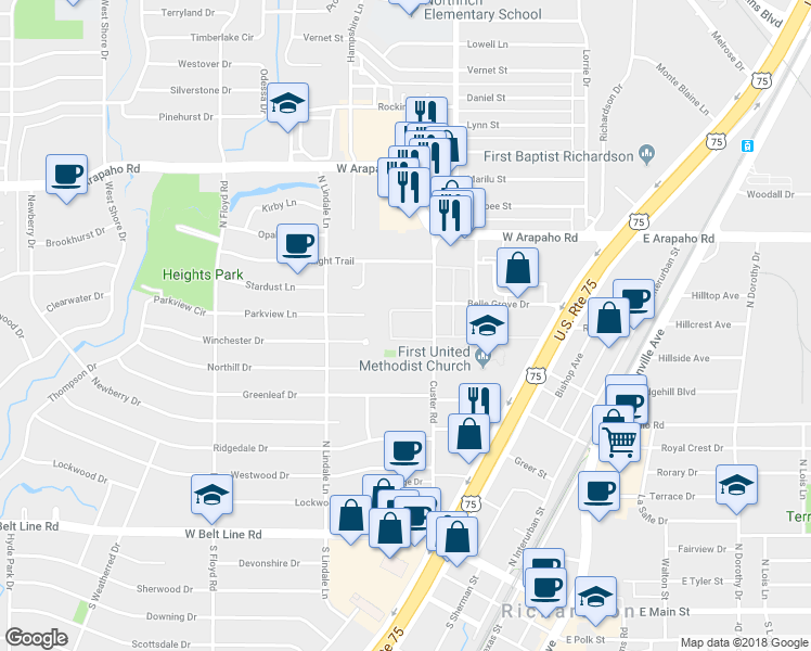 map of restaurants, bars, coffee shops, grocery stores, and more near 777 Custer Road in Richardson