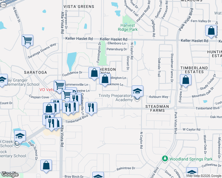 map of restaurants, bars, coffee shops, grocery stores, and more near 4032 Bickmore Lane in Fort Worth