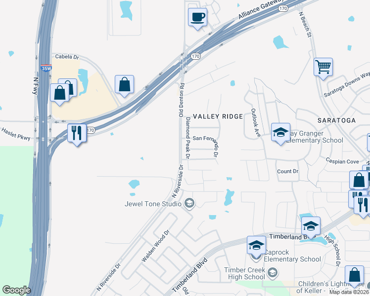 map of restaurants, bars, coffee shops, grocery stores, and more near 3005 Veranda Vista Drive in Fort Worth