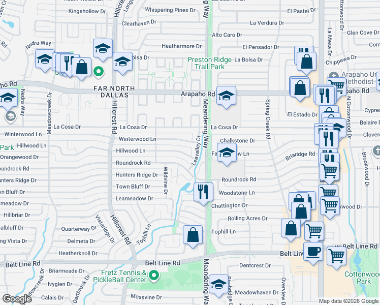 map of restaurants, bars, coffee shops, grocery stores, and more near 7421 Hillwood Lane in Dallas