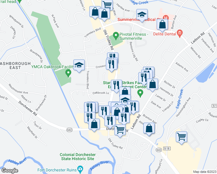 map of restaurants, bars, coffee shops, grocery stores, and more near 1708 Old Trolley Road in Summerville