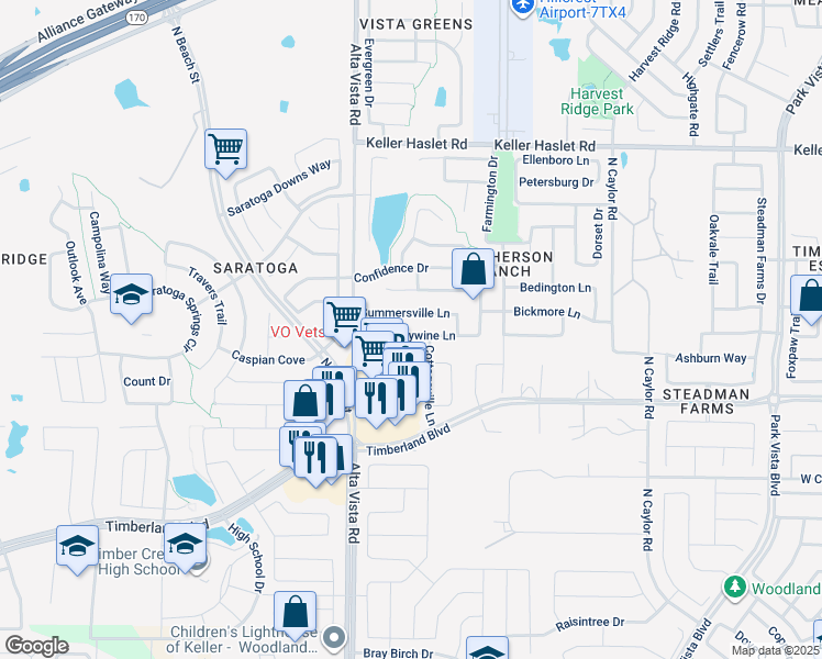 map of restaurants, bars, coffee shops, grocery stores, and more near 3805 Brandywine Lane in Fort Worth