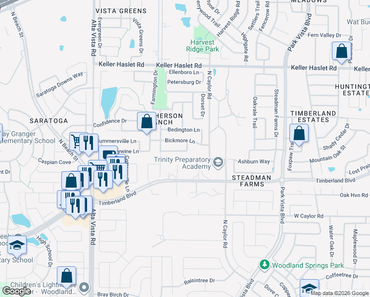 map of restaurants, bars, coffee shops, grocery stores, and more near 4032 Bickmore Lane in Fort Worth