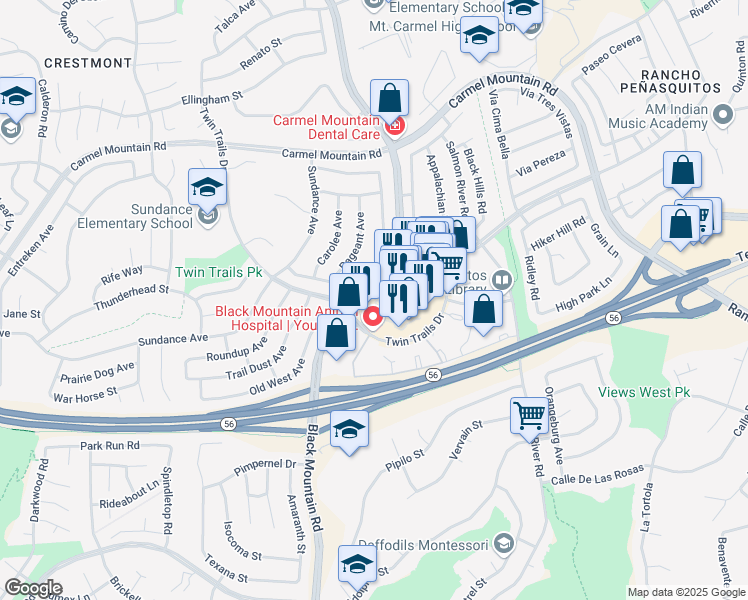 map of restaurants, bars, coffee shops, grocery stores, and more near 13181 Black Mountain Road in San Diego