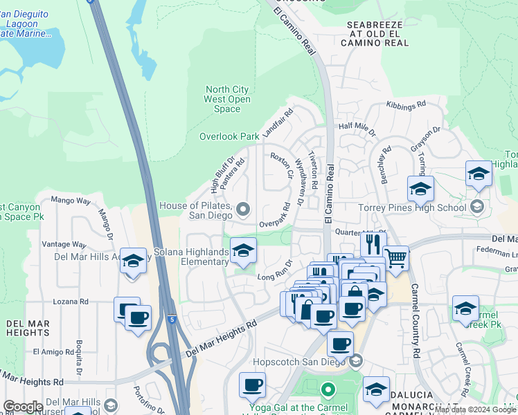 map of restaurants, bars, coffee shops, grocery stores, and more near 13242 Courtland Terrace in San Diego