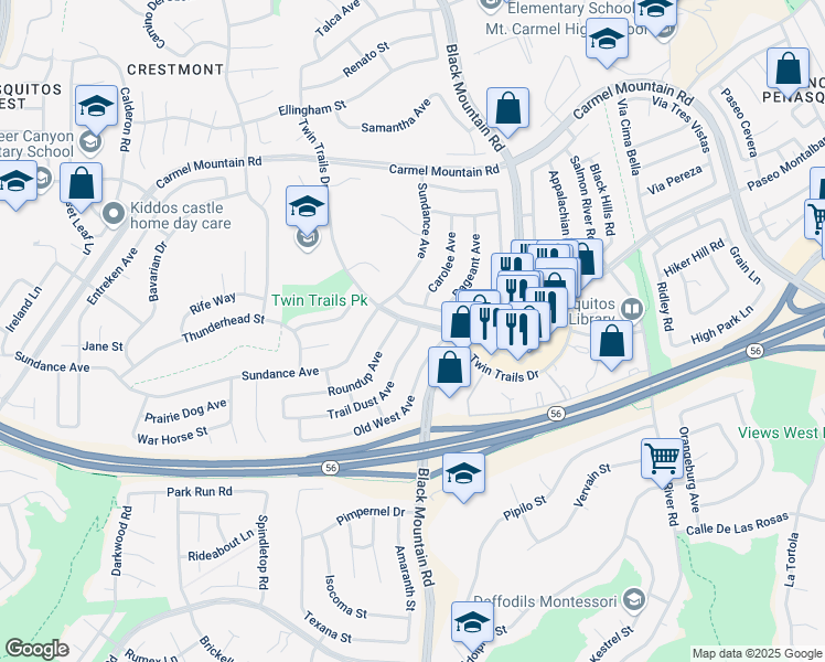 map of restaurants, bars, coffee shops, grocery stores, and more near 13148 Trail Dust Avenue in San Diego
