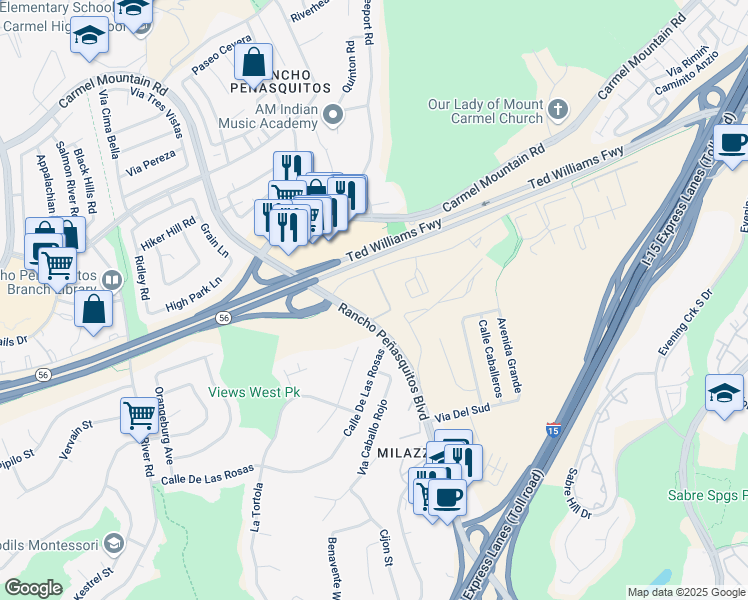 map of restaurants, bars, coffee shops, grocery stores, and more near 9959 Azuaga Street in San Diego