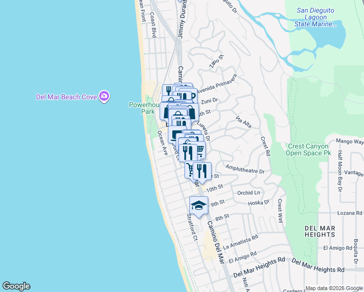 map of restaurants, bars, coffee shops, grocery stores, and more near 1329 Stratford Court in Del Mar