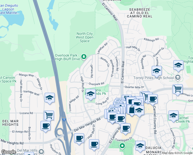 map of restaurants, bars, coffee shops, grocery stores, and more near 13242 Courtland Terrace in San Diego