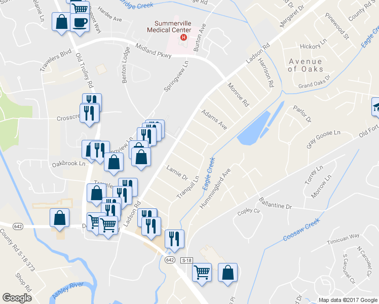 map of restaurants, bars, coffee shops, grocery stores, and more near 106 Richter Drive in Ladson