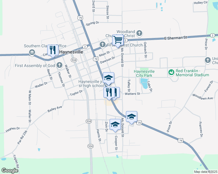 map of restaurants, bars, coffee shops, grocery stores, and more near 9930 U.S. 79 in Haynesville