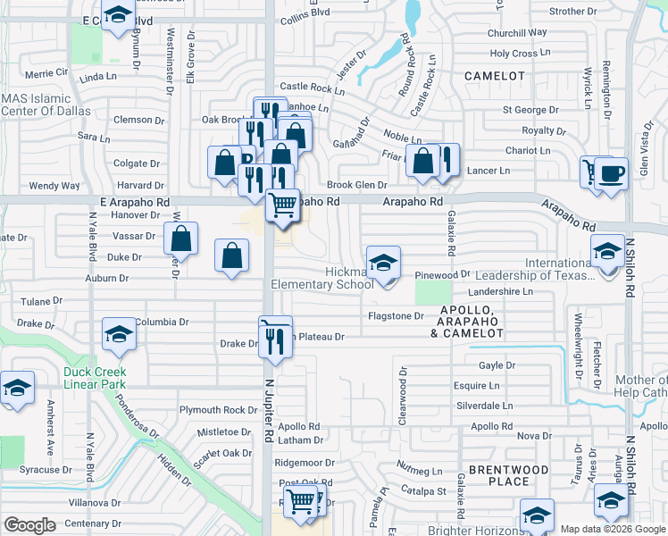 map of restaurants, bars, coffee shops, grocery stores, and more near 3305 Janwood Lane in Garland