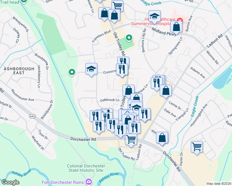 map of restaurants, bars, coffee shops, grocery stores, and more near 1708 Old Trolley Road in Summerville